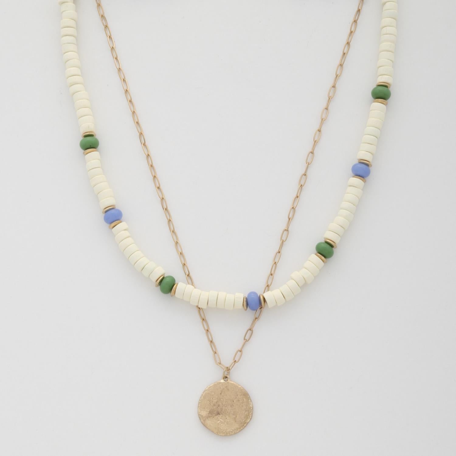 Coin Wood Bead Layered Necklace