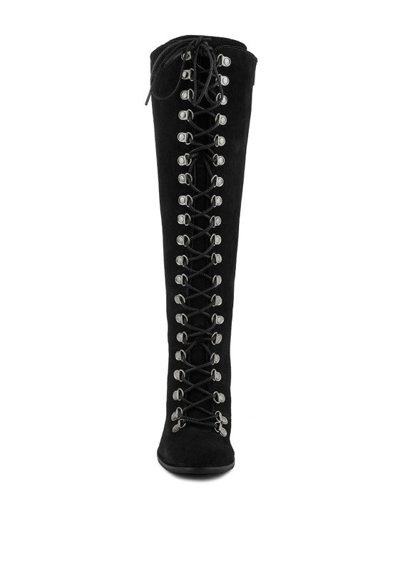 Size US 7 Black Antique Eyelet Block Heel Lace Up Calf Boot