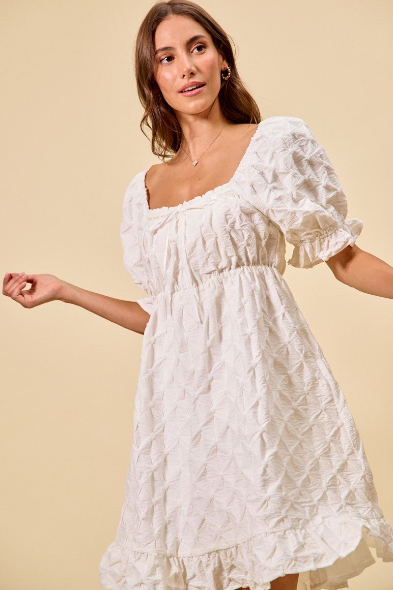 Off White Texture Woven Ruching On Bust Mini Dress