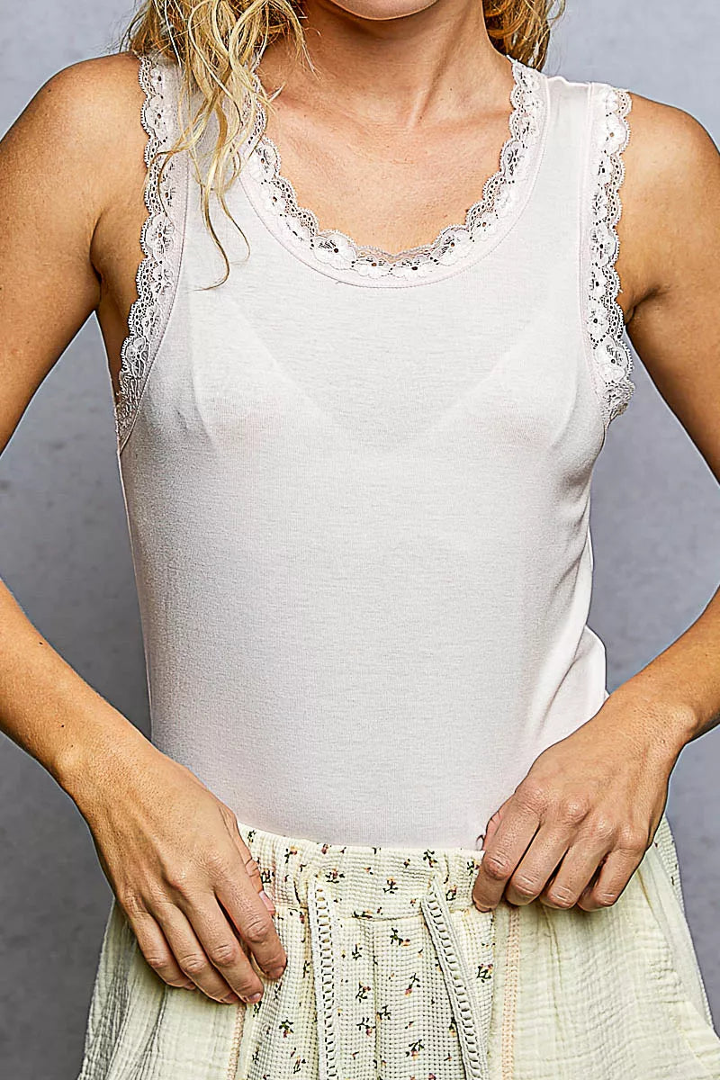 Pink Cropped Tank with Lace Trim