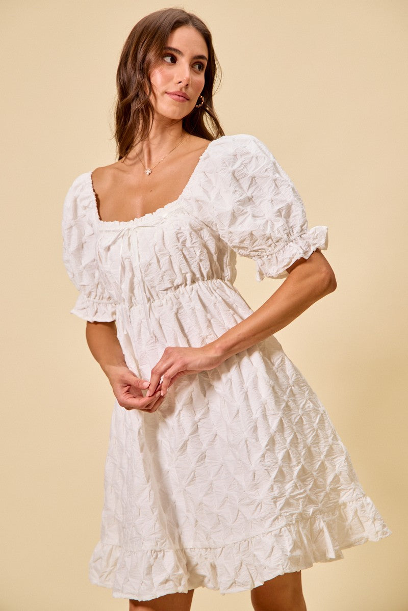 Off White Texture Woven Ruching On Bust Mini Dress