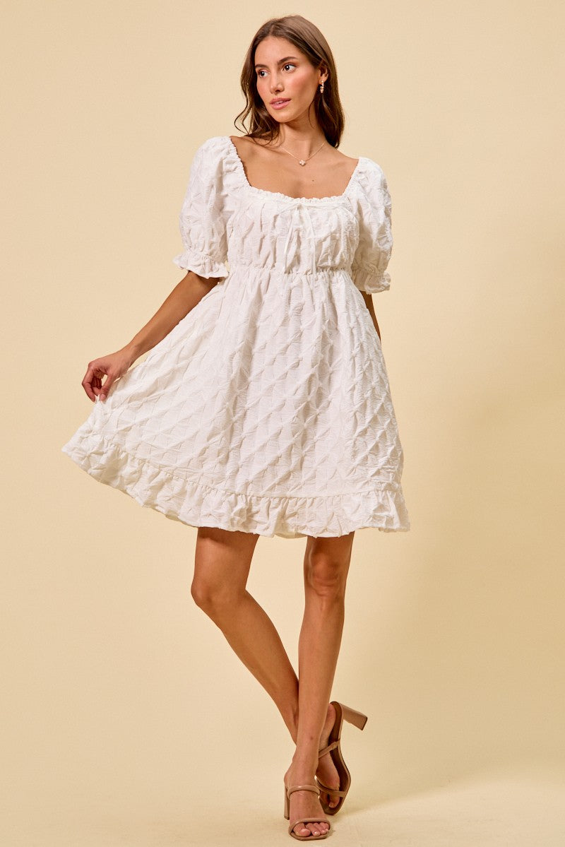 Off White Texture Woven Ruching On Bust Mini Dress