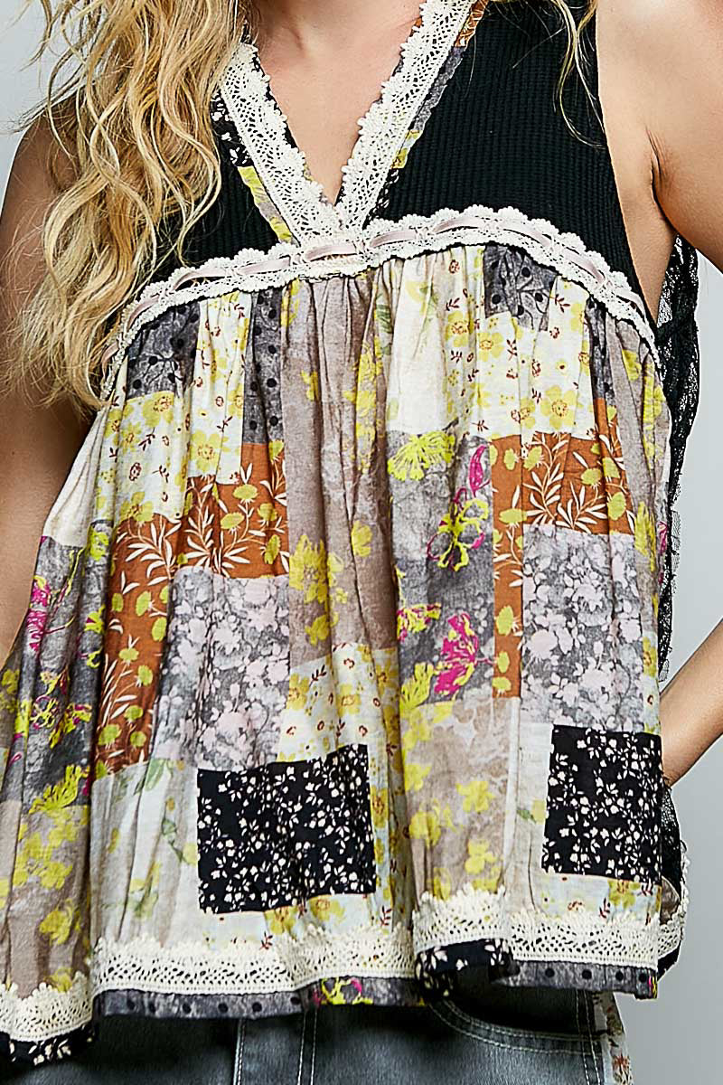 POL Floral Black V-Neck Sheer Tank with Lace Trim