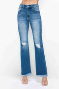 Blue Raw Hem Distressed High Rise Bootcut Jeans