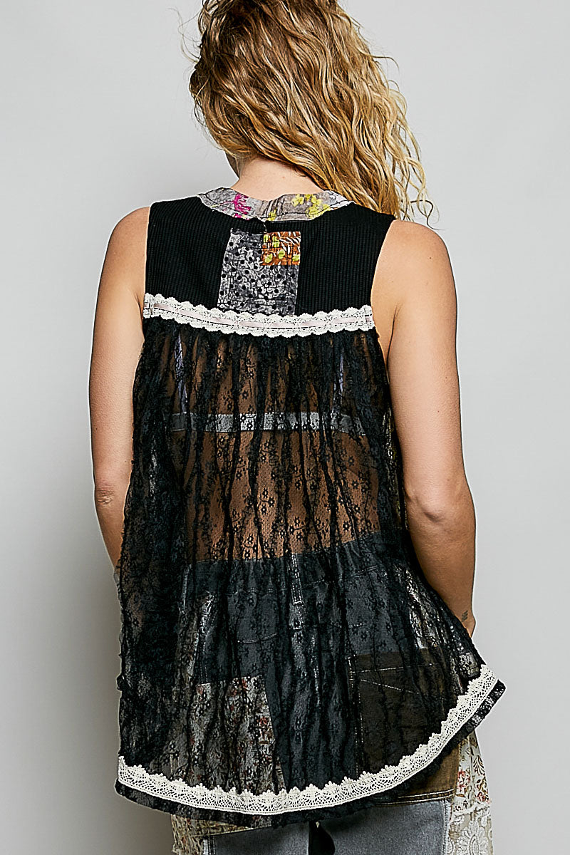 POL Floral Black V-Neck Sheer Tank with Lace Trim