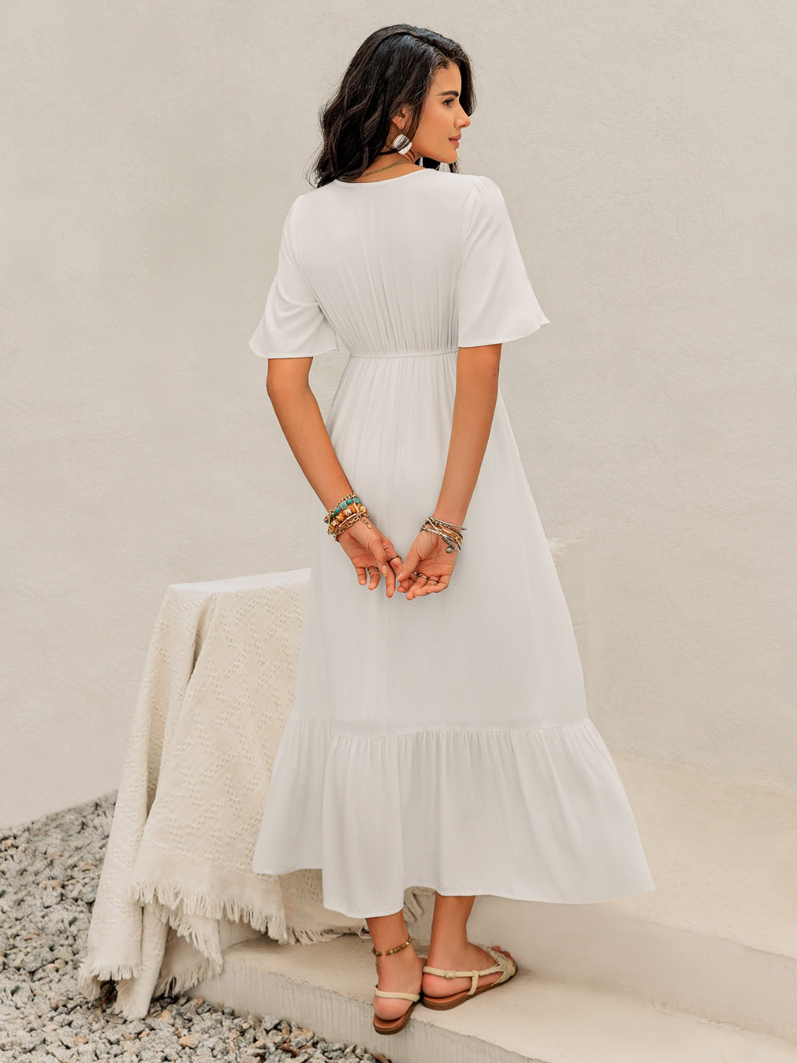 Ruffled Hem V-Neck Flutter Sleeve Dress