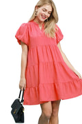 Puff Sleeve Tiered Babydoll Dress in Coral
