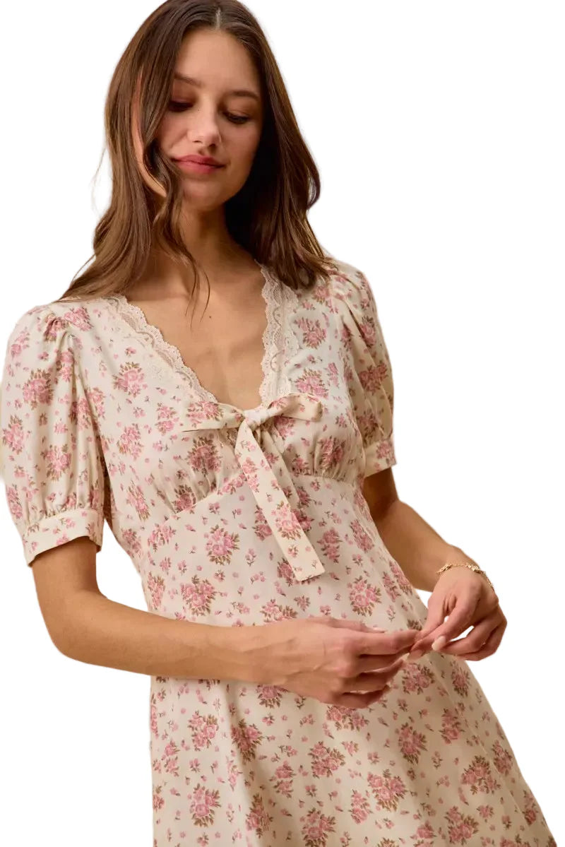 Cream Color Floral Lace Trim Short Sleeves Mini Dress
