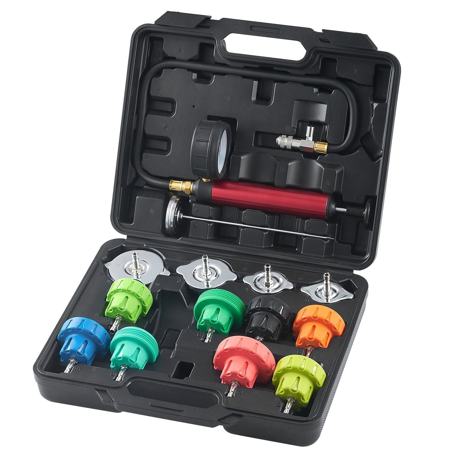 14 pcs Universal Radiator Pressure Tester Kit, Coolant Pressure Tester Kit with Manual Pump and Color-coded Steel Test Cap Adapters, with Toolbox, For Cars Motorcycles Trucks Cooling System