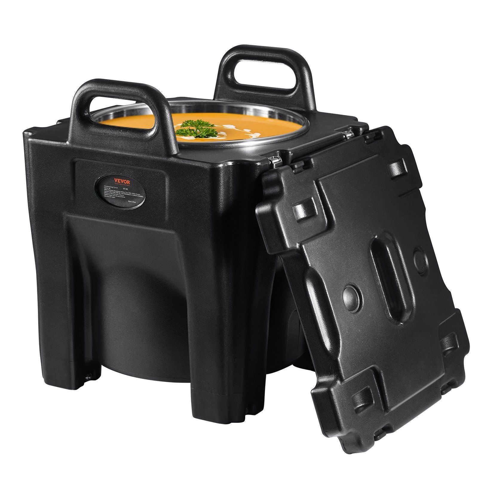 Insulated Food Carrier, 32Qt Capacity, Stackable Catering Hot Box w/Stainless Steel Barrel, Top Load LLDPE Food Warmer w/Integral Handles Buckles Stationary , for Restaurant Canteen, Black