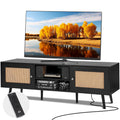 Rattan TV Stand for 65 inch TV, Boho TV Stand with Rattan Door, Entertainment Center with Build-in Socket and USB Ports, Modern TV Console for Living Room, Media Room, Black
