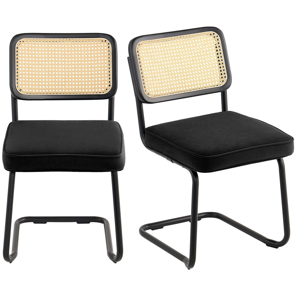 Rattan Dining Chairs Set of 2, Mid Century Modern Dining Chair, Upholstered Velvet Accent Chair with Rattan Back, Retro Dining Room Kitchen Chair for Living Room, Bedroom, Office (18.1 Inch)