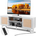 Rattan TV Stand for 75in TV, Boho TV Stand with Rattan Door, Entertainment Center with Build-in Socket, Storage Cabinet with 2 Shelves, Modern TV Console for Living Room, Media Room, White