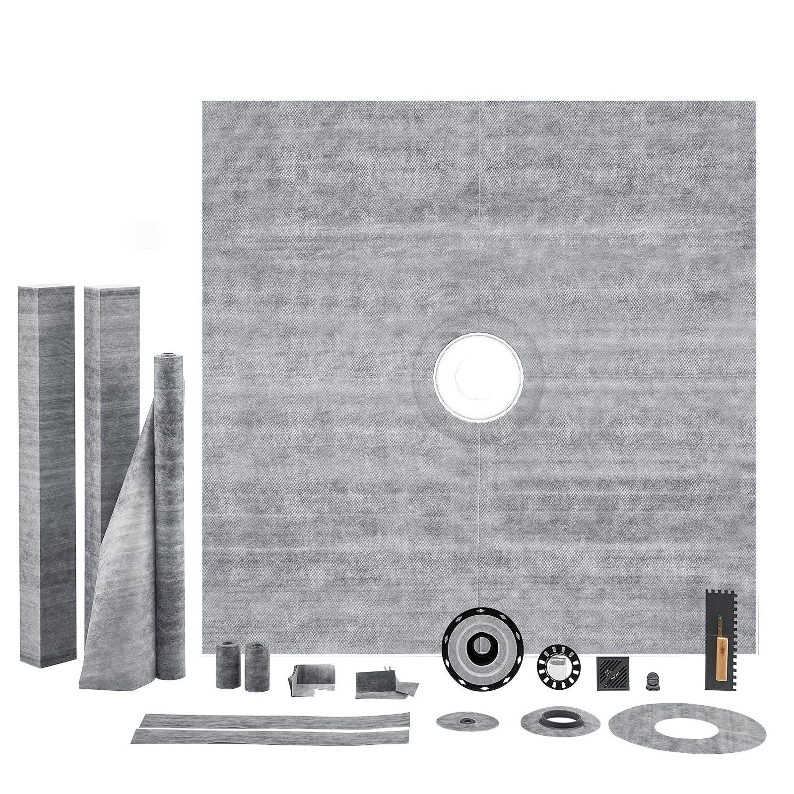Shower Curb Kit, 72"x72" Shower Pan Kit with 2" PVC Central Flange, 4" Stainless Steel Grate, Waterproof Shower Curb & Membrane & Strip, Shower Pan Slope Sticks Fit for Bathroom