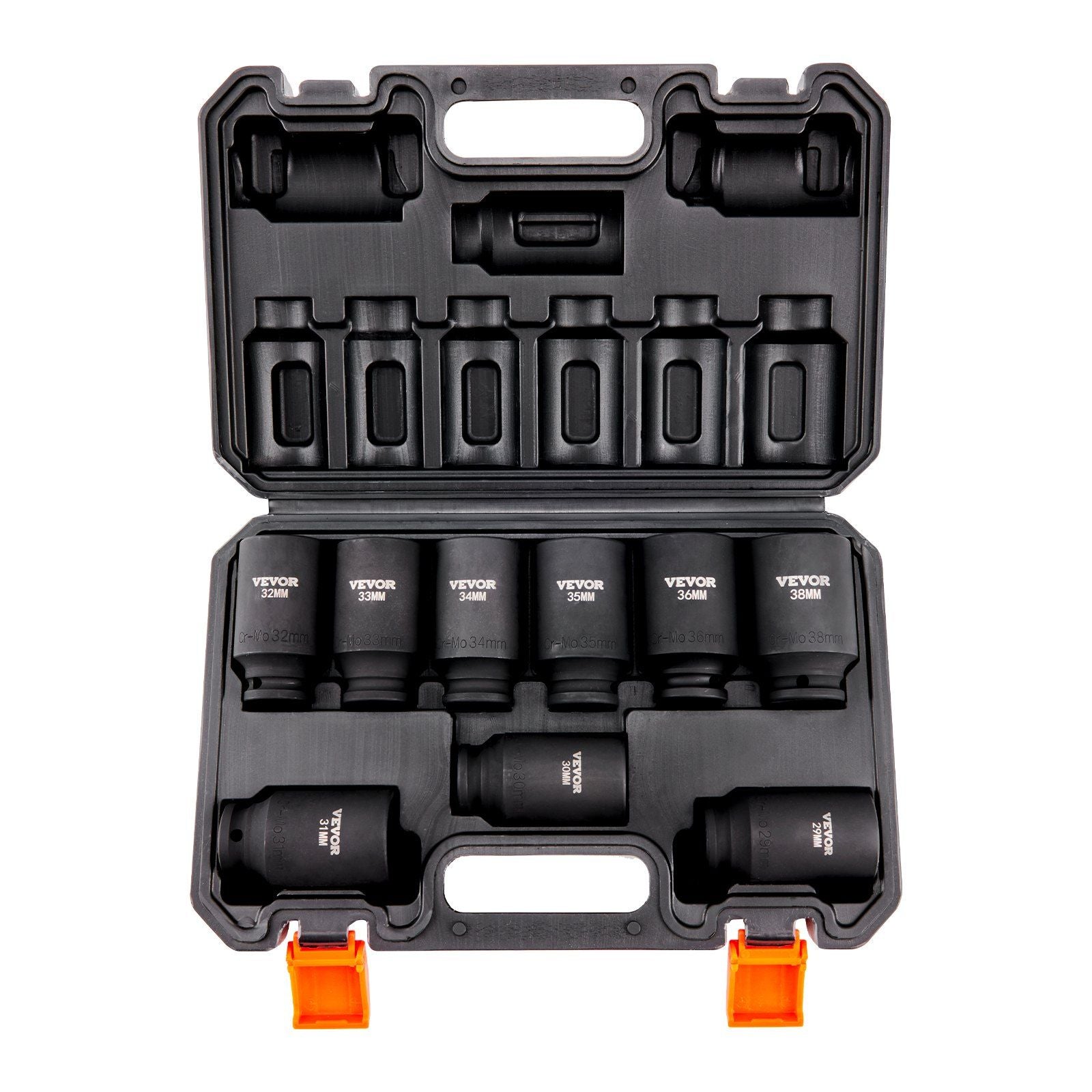 1/2" Drive Impact Socket Set, 9 Piece Deep Socket Set Metric 29-38mm, 6 Point Cr-Mo Alloy Steel for Auto Repair, Easy-to-Read Size Markings, Rugged Construction, Includes Storage Case
