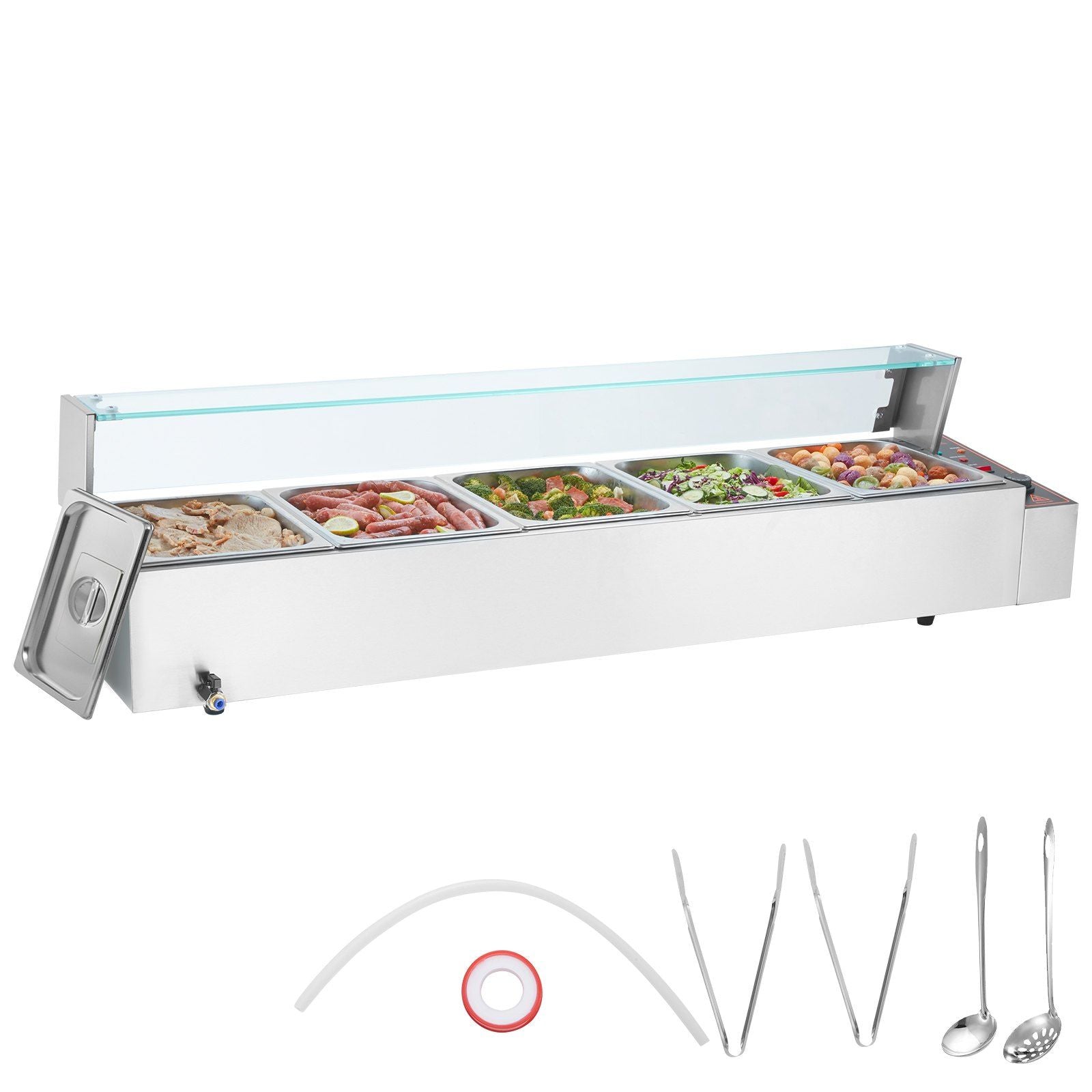 Commercial Electric Food Warmer Countertop Buffet 5*8Qt with Glass Shield