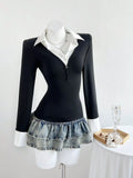 Long Sleeve Polo Collar Black Slim Fit Shirt
