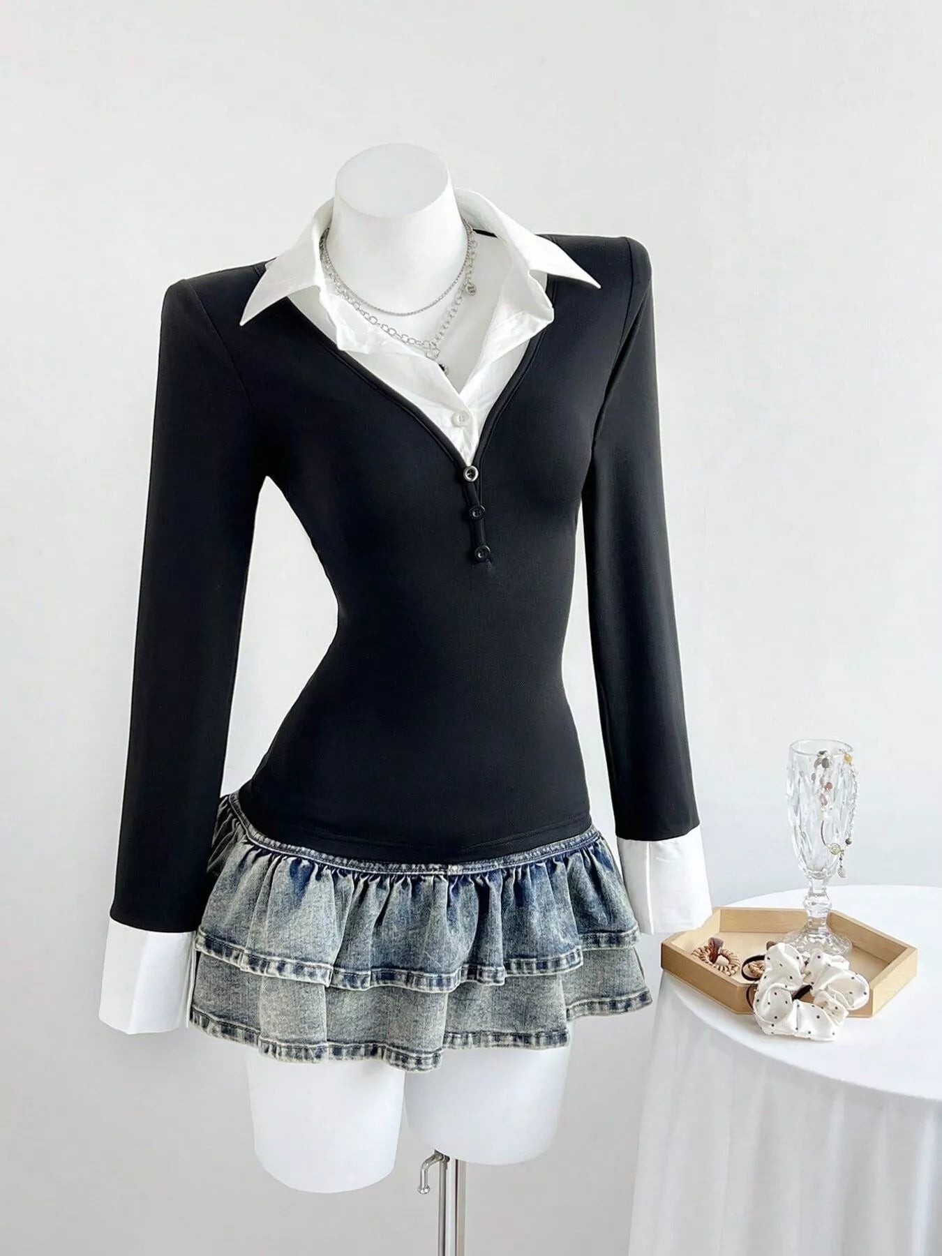 Long Sleeve Polo Collar Black Slim Fit Shirt