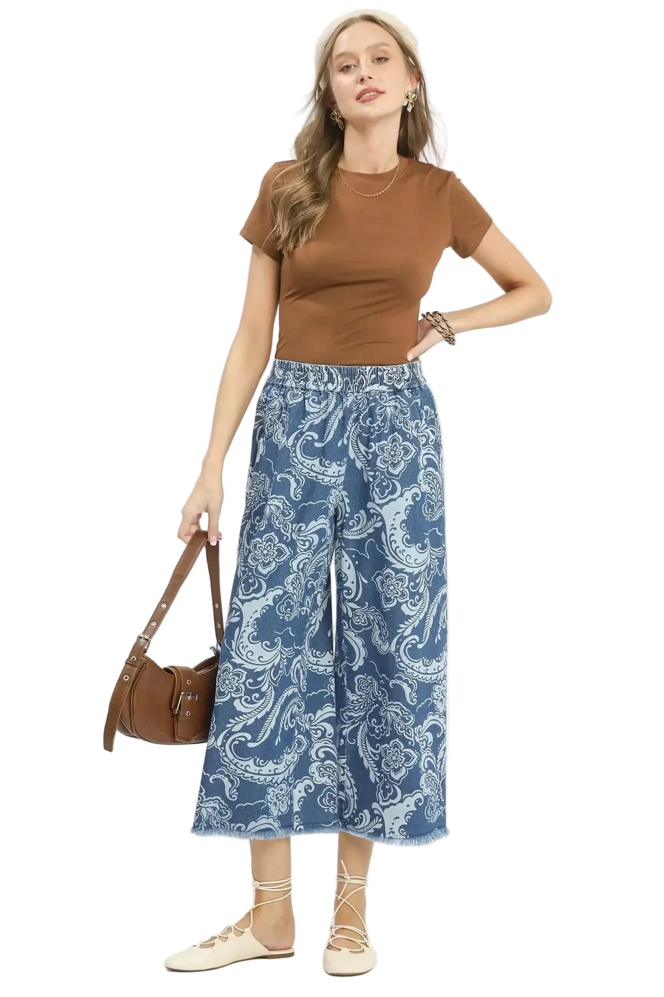 Blue Stone Wash Wide Leg Crop Pants