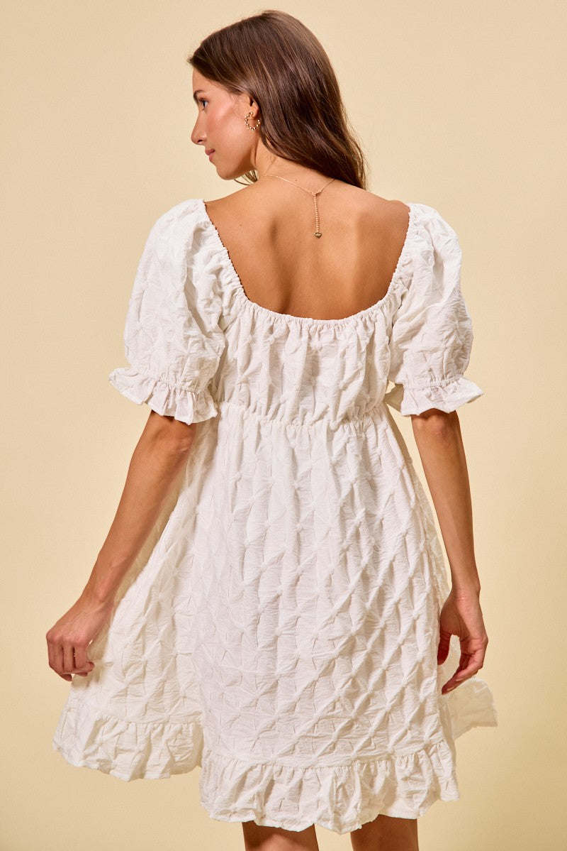 Off White Texture Woven Ruching On Bust Mini Dress