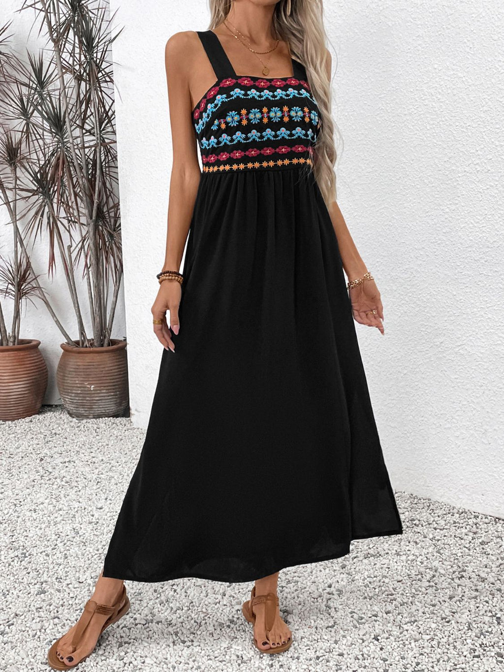 Perfee Embroidered Floral Side Slit Sleeveless Midi Dress