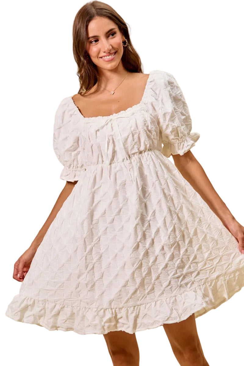 Off White Texture Woven Ruching On Bust Mini Dress