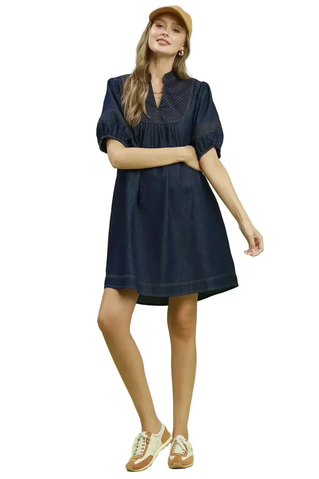 Puff Sleeve Blue Mini Dress with Pockets