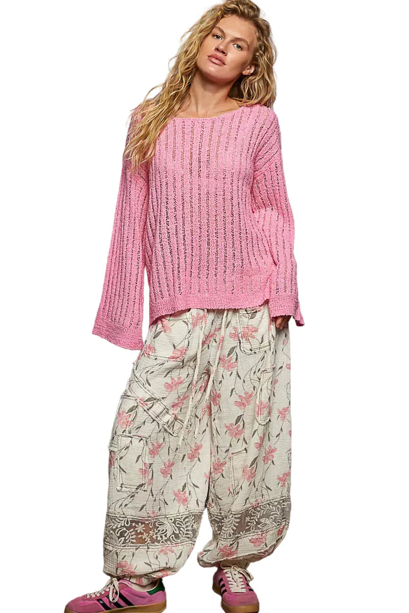 Pink Round Neck Long Sleeve Open Weave Coverup Sweater