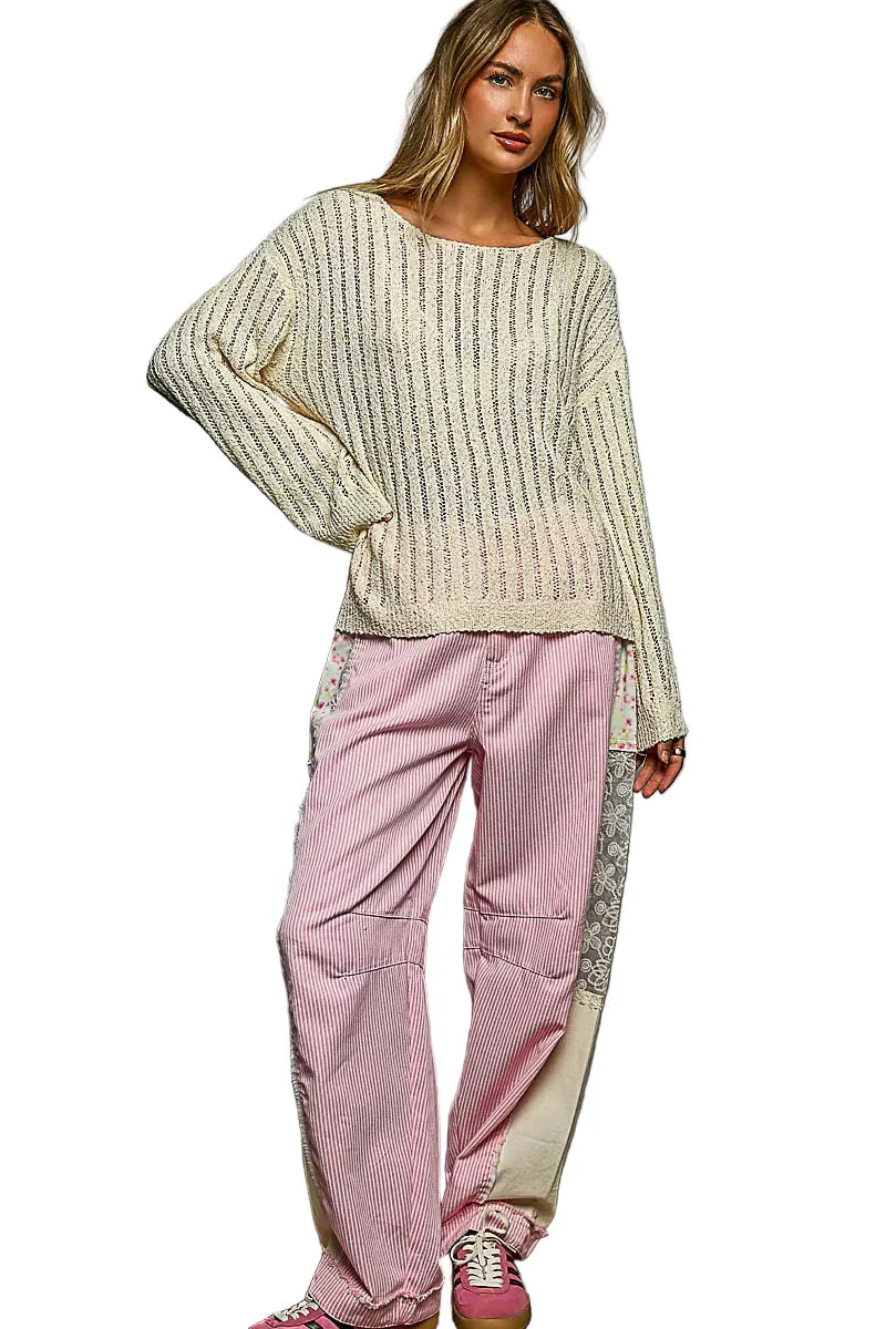 Tan Round Neck Long Sleeve Open Weave Sweater