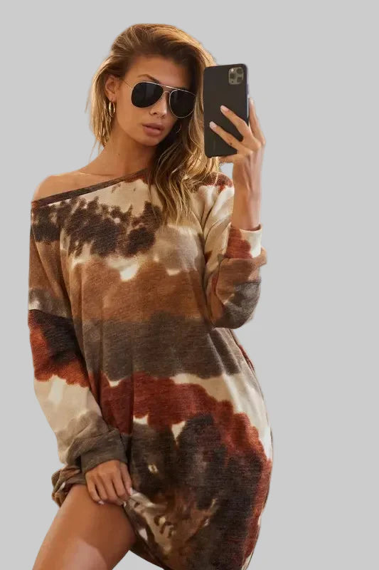 Rust/Olive Color Tie Dye Print Knit Dress with Side Pocket