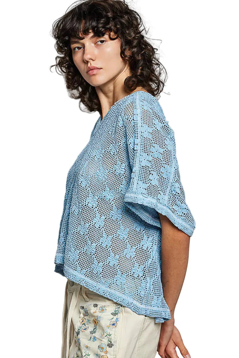 Blue Crochet Lace Short Sleeve Top