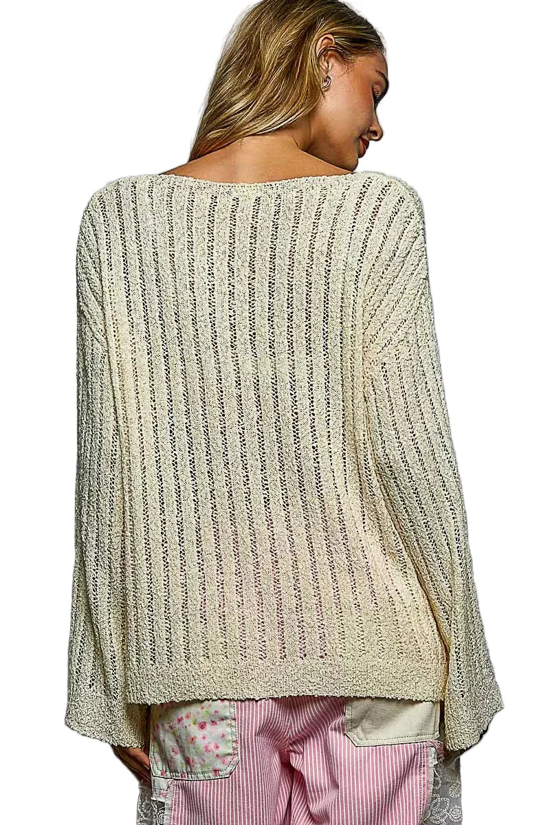 Tan Round Neck Long Sleeve Open Weave Sweater