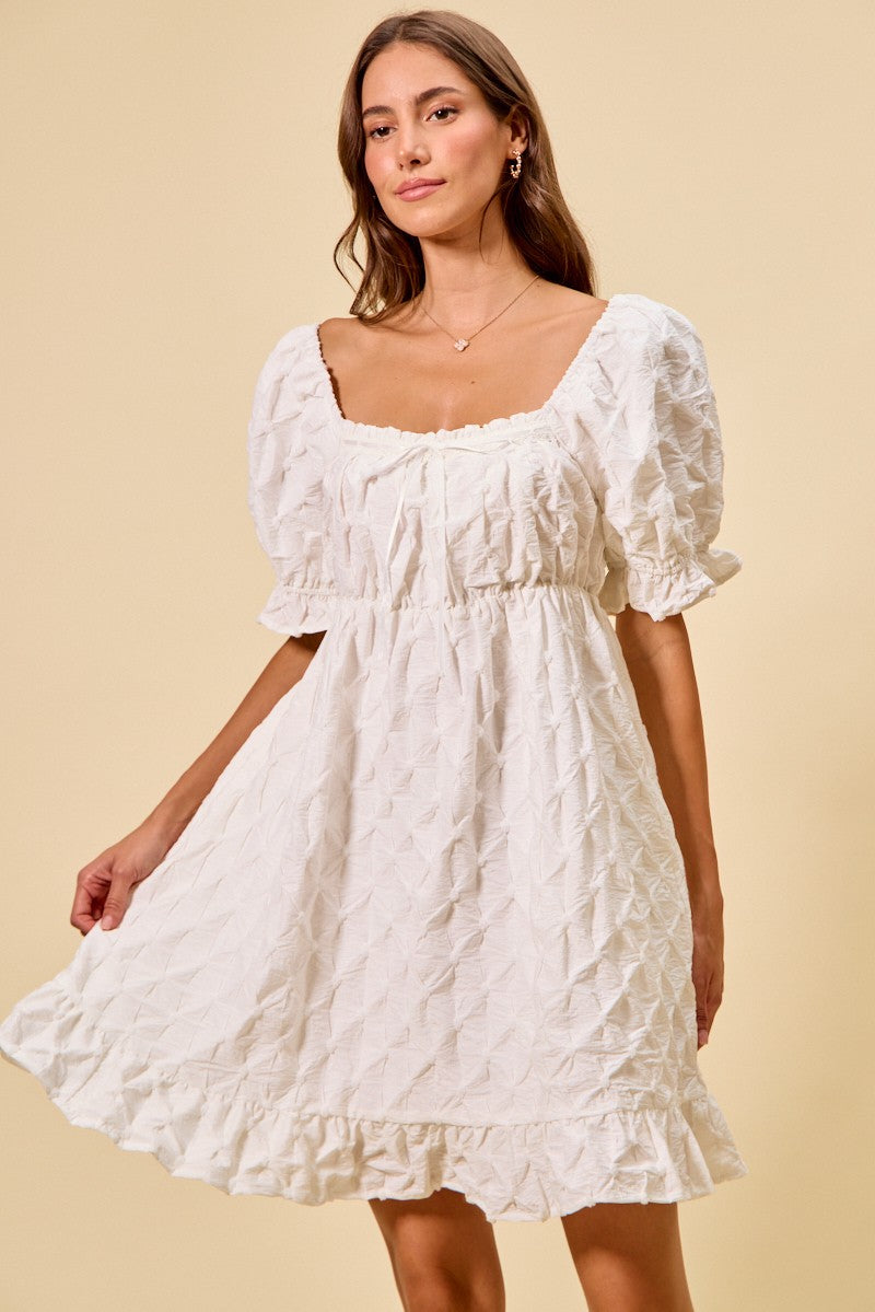 Off White Texture Woven Ruching On Bust Mini Dress