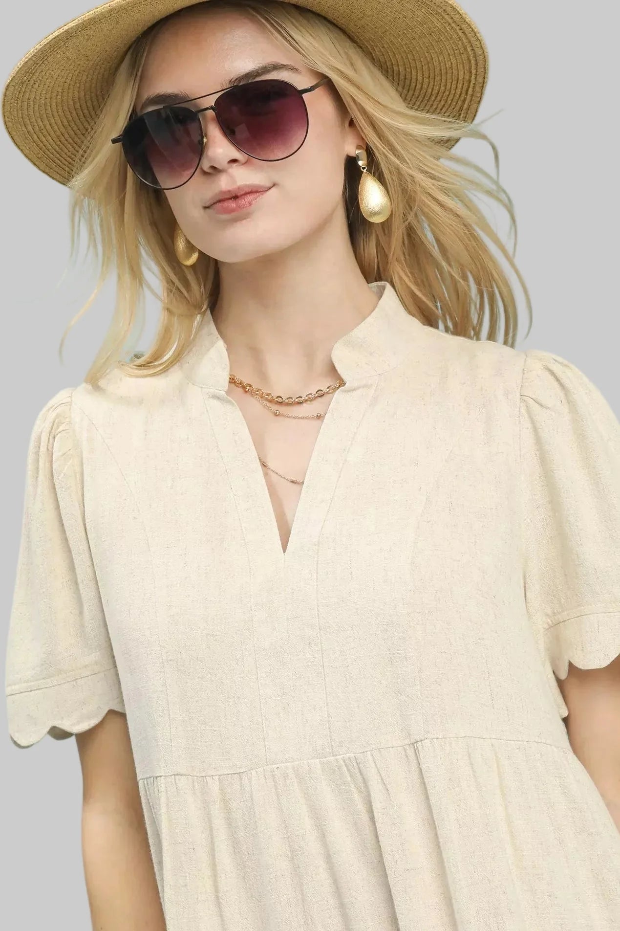 Beige Linen Tiered Babydoll Dress with Scalloped Sleeves