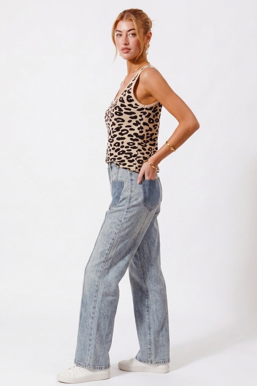 Leopard Knitted Lightweight V Neck Tank Top