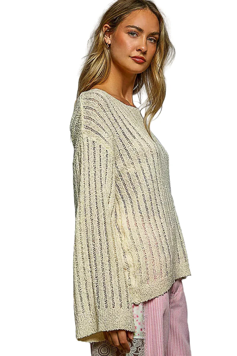 Tan Round Neck Long Sleeve Open Weave Sweater