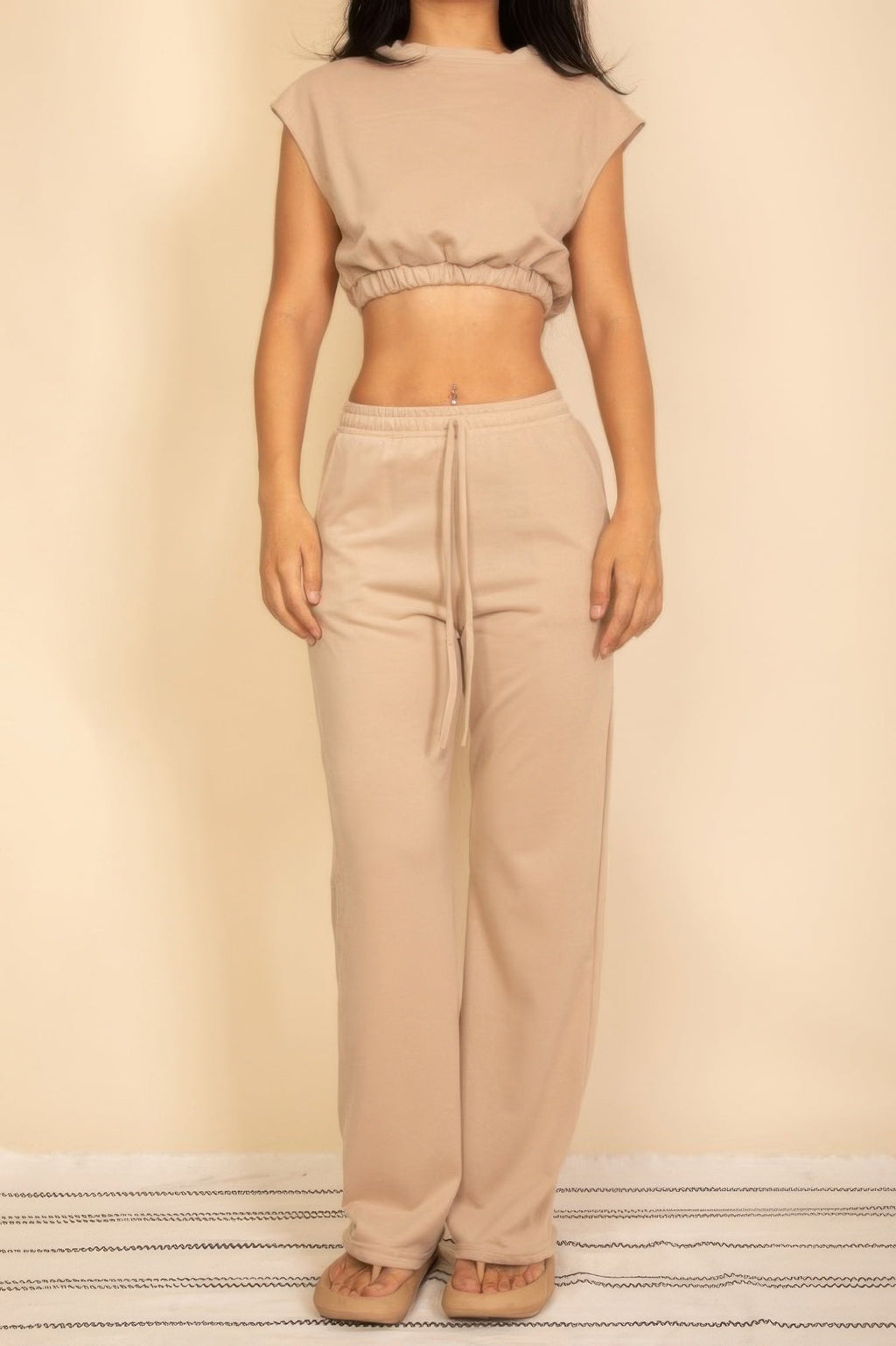 Elastic Hem Crop Top & Wide Leg Pants Set With Faux Drawstring
