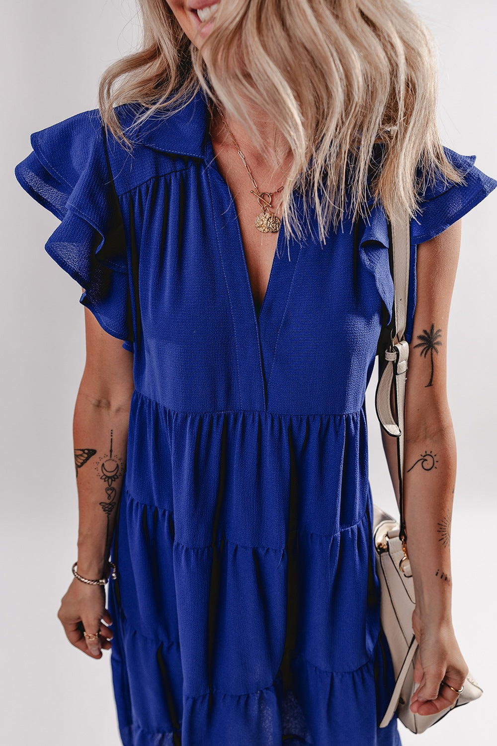 Ruffled Short Sleeve Collared V Neck Tiered Midi Dress