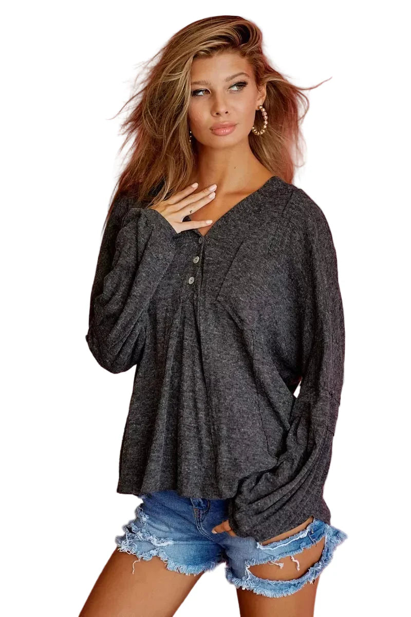 Dark Gray Textured Knit Hoodie with Buttoned Placket