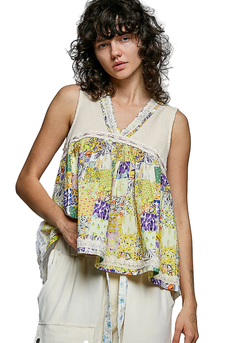 POL Floral V-Neck Sheer Tank with Lace Trim