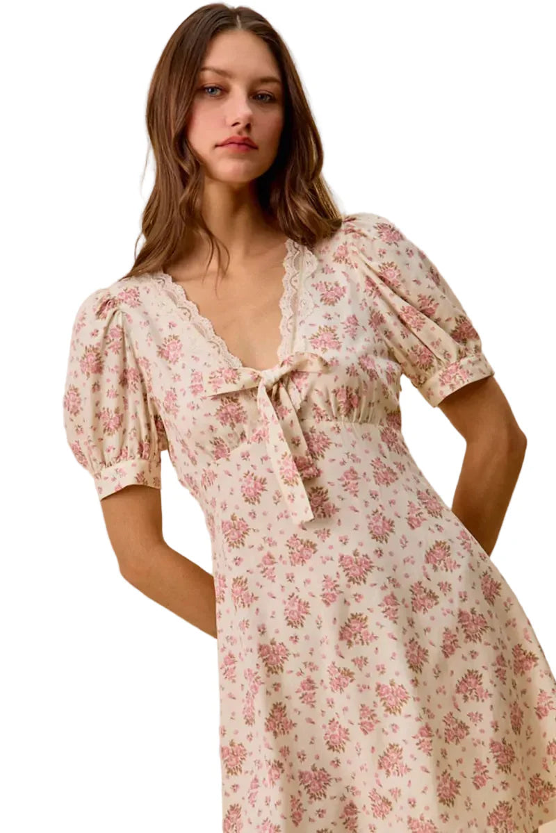 Cream Color Floral Lace Trim Short Sleeves Mini Dress