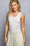Pink Cropped Tank with Lace Trim