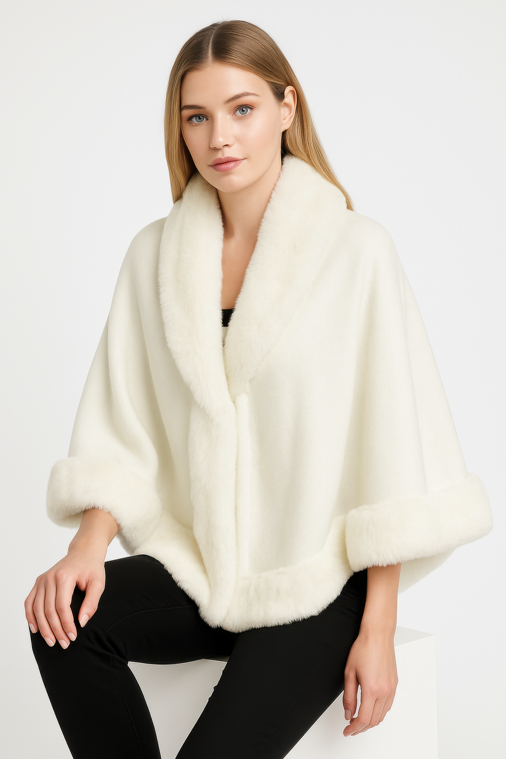 Faux Fur Trim Open-front Cape Jacket