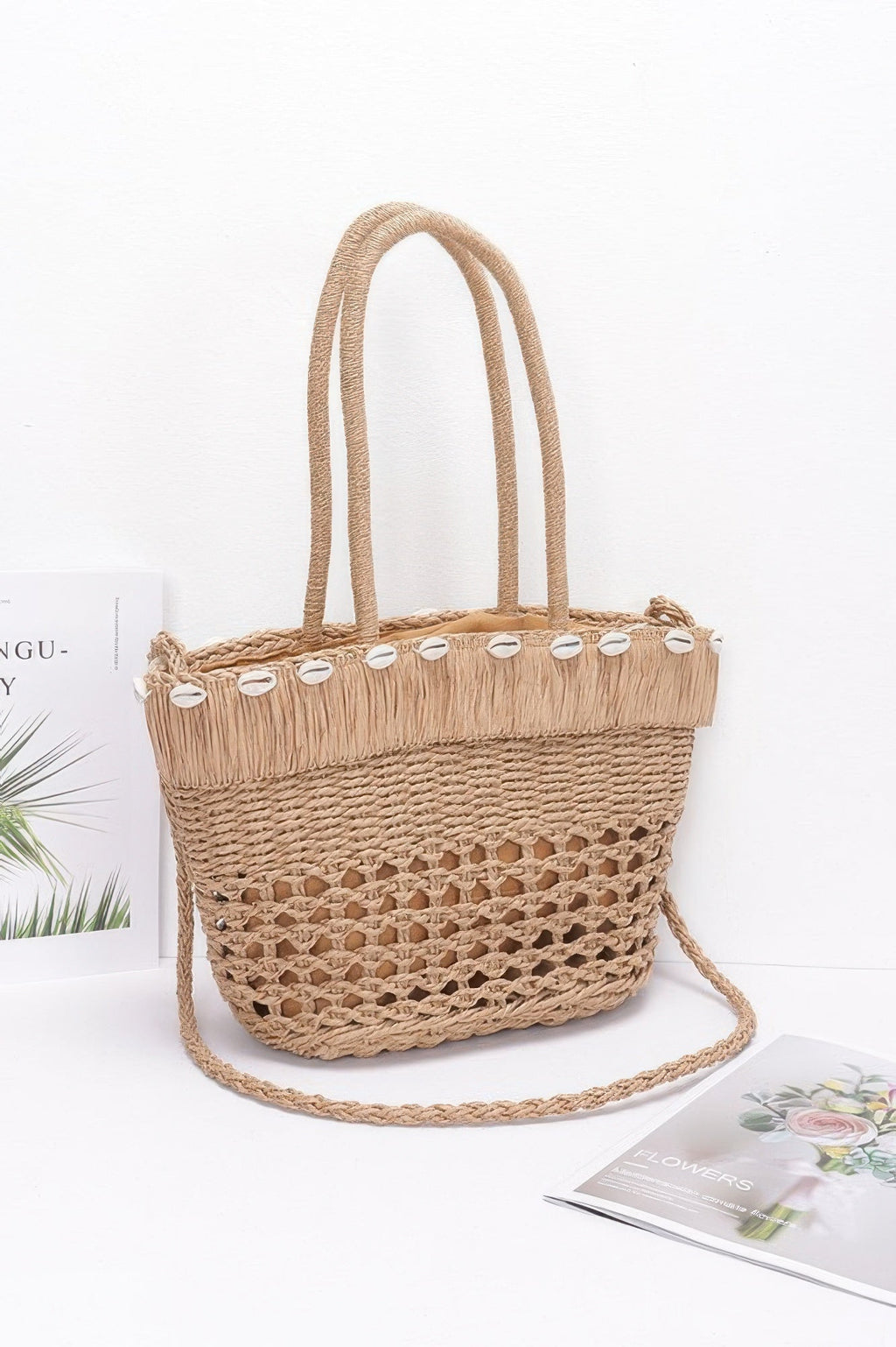 Faux Straw Shell Tote Bag