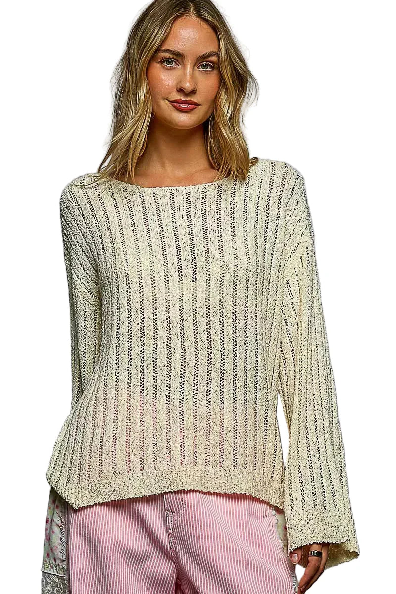 Tan Round Neck Long Sleeve Open Weave Sweater