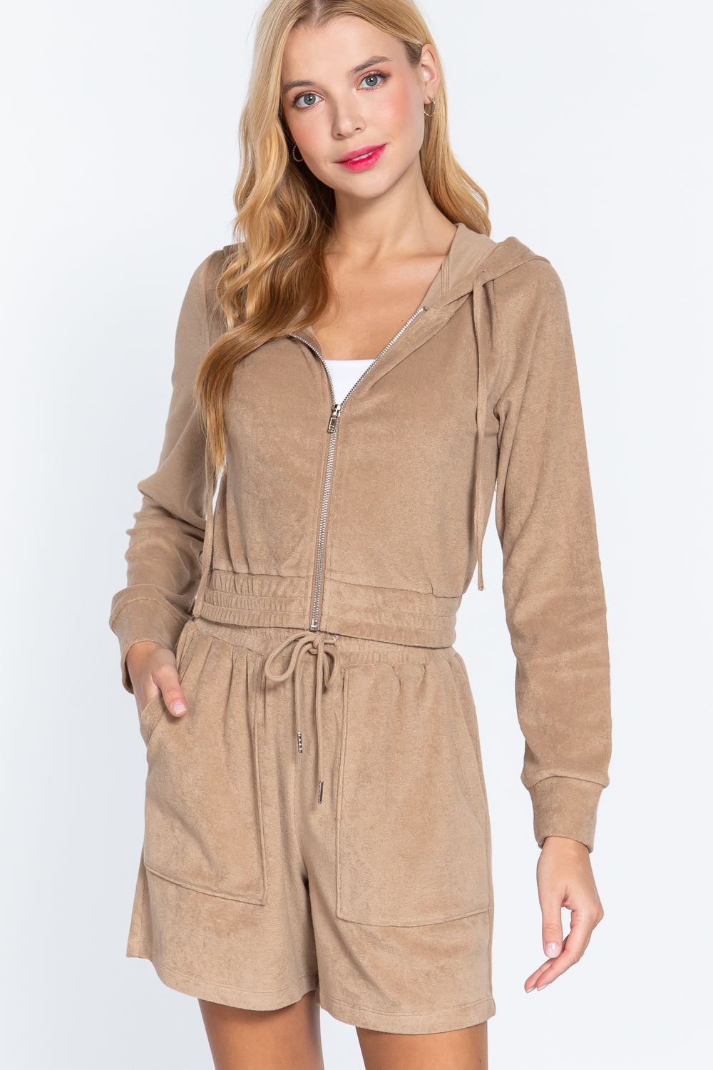 Hoodie Terry Toweling Jacket, Mocha