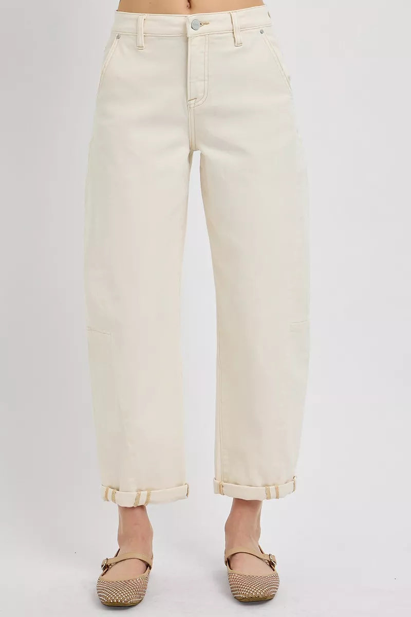 Ivory Color High Rise Relaxed Barrel Cuffed Jeans