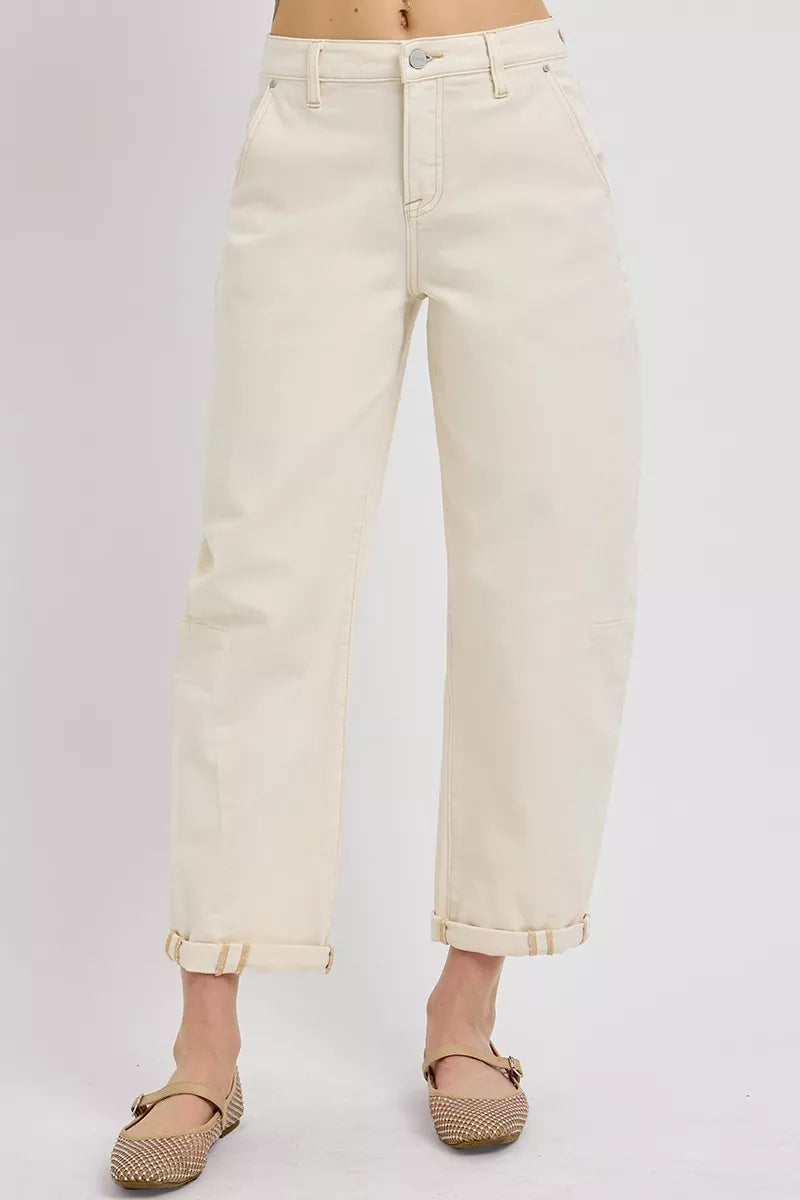 Ivory Color High Rise Relaxed Barrel Cuffed Jeans