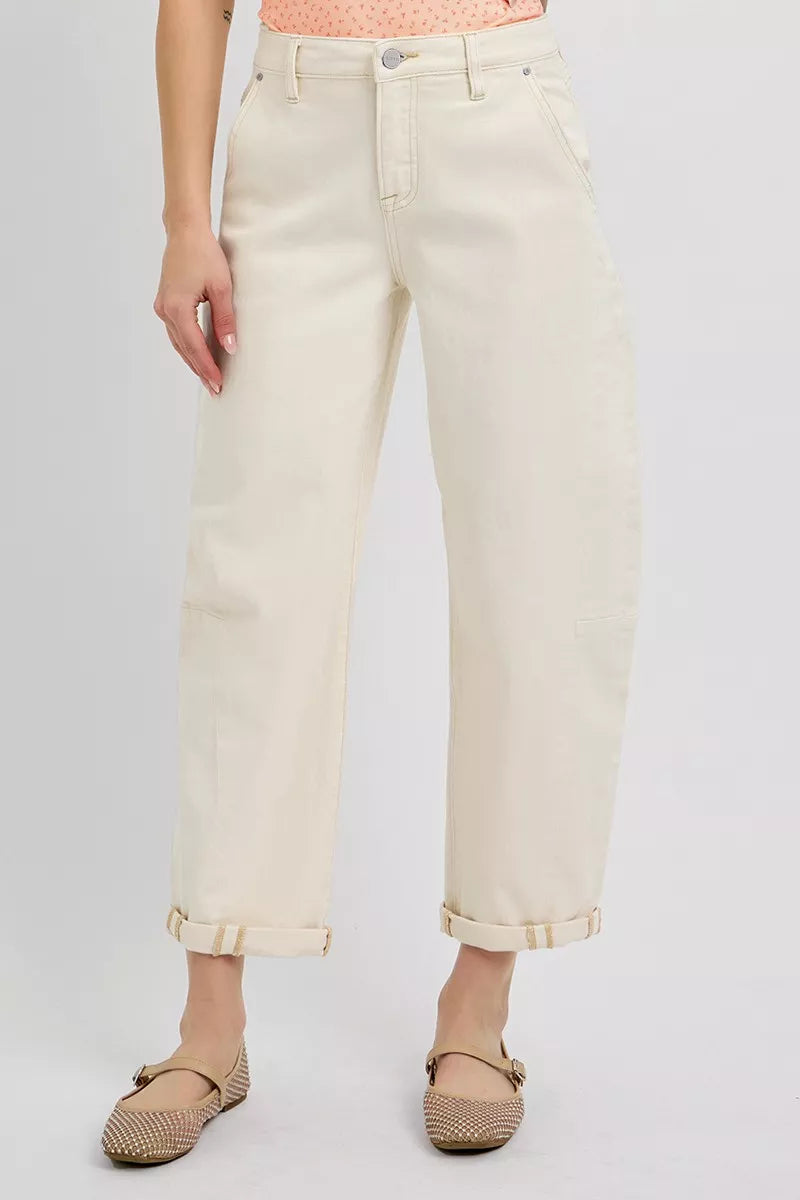 Ivory Color High Rise Relaxed Barrel Cuffed Jeans