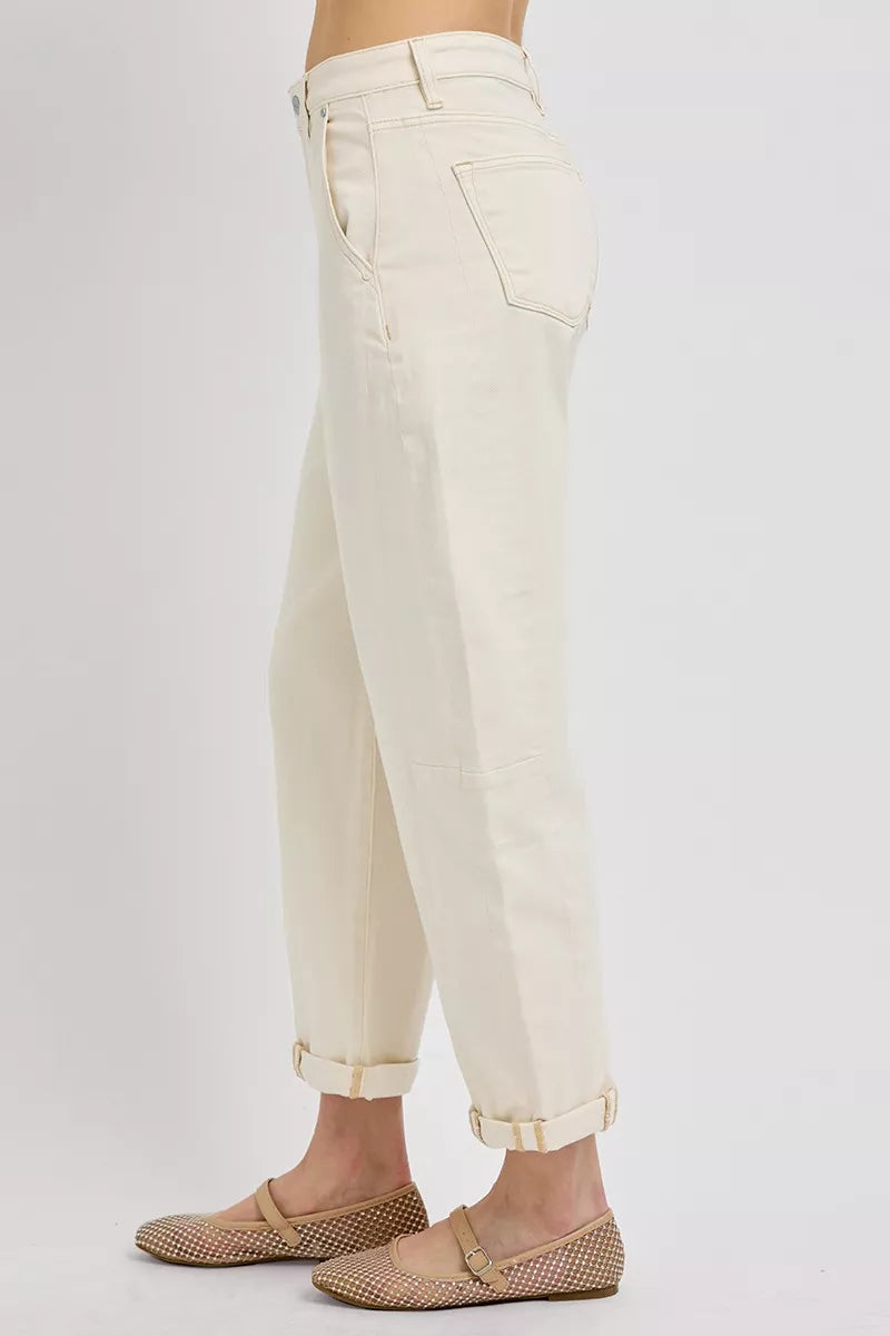 Ivory Color High Rise Relaxed Barrel Cuffed Jeans